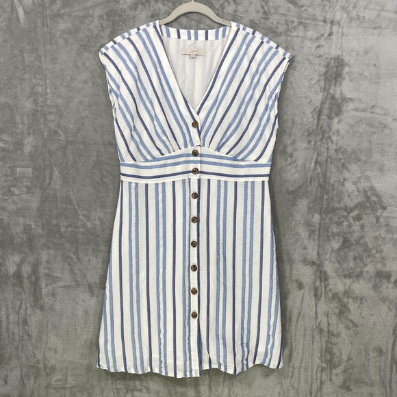 LOFT Dresses & Skirts - Loft Blue Shimmer Stripe Button Front Dress Size 14 Cotton Lined V-Neck Nautical